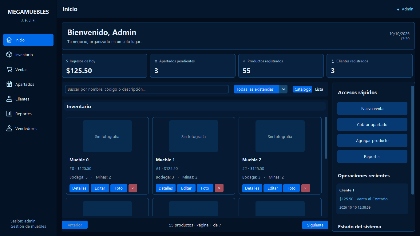 Inicio de MEGAMUEBLES con inventario y datos de prueba