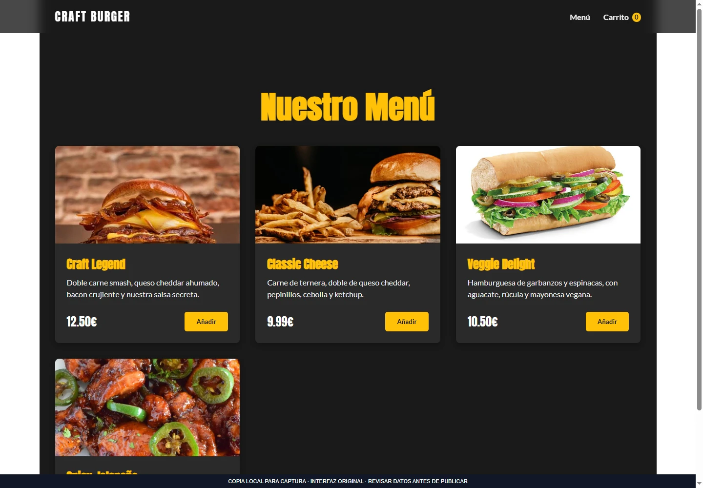Menú original con productos, precios y botones para añadir al carrito. Captura de la demostración web.