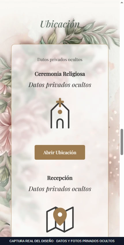 Sección original de ceremonia y recepción. Ubicaciones y datos privados ocultos.